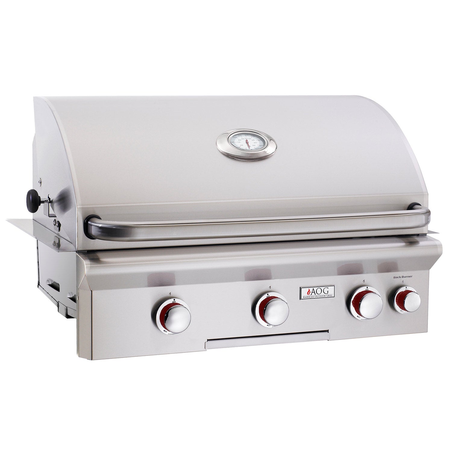 Built-in gas grill with lid thermometer and control knobs on stainless front