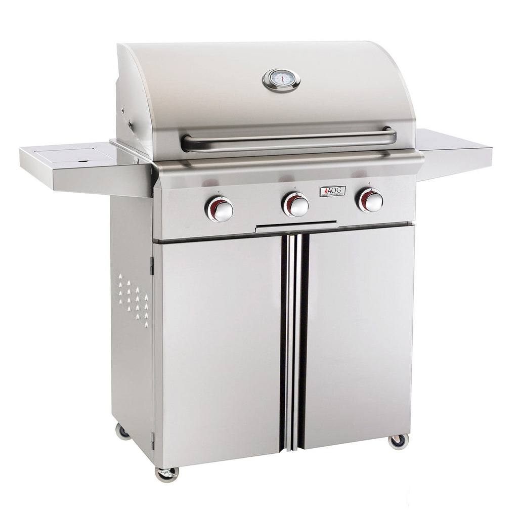 Stainless steel 30-inch gas grill on cart with control knobs and open lid