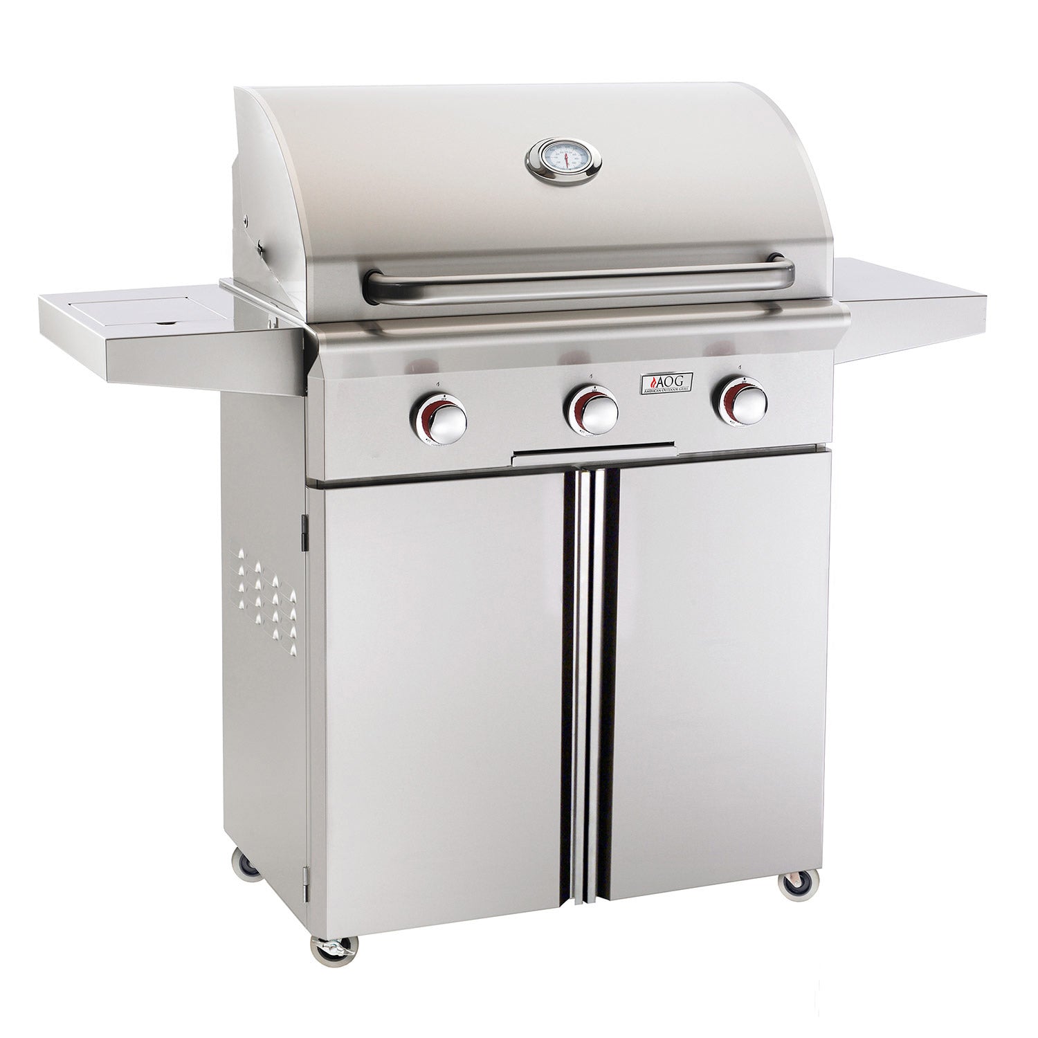 Stainless steel 30-inch gas grill on cart with control knobs and open lid