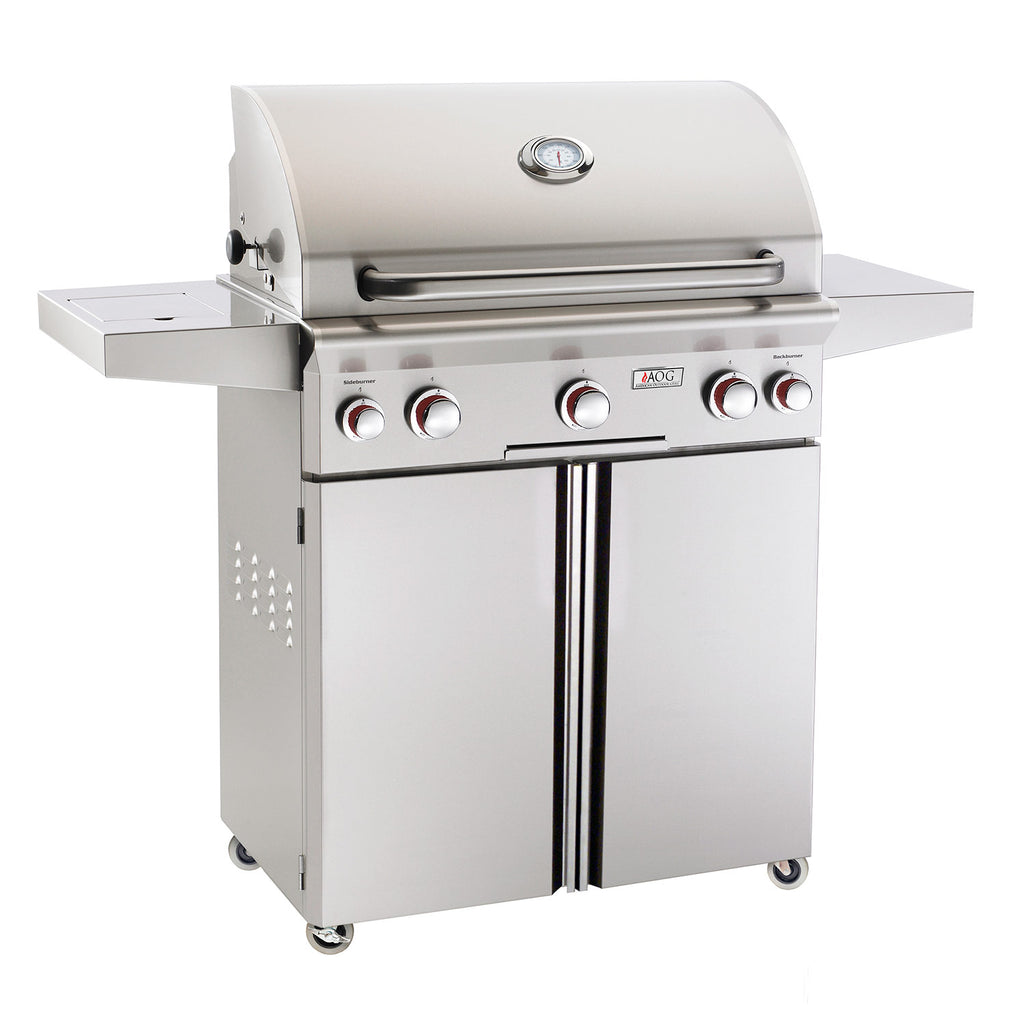 Stainless steel gas grill on cart with lid and front control knobs