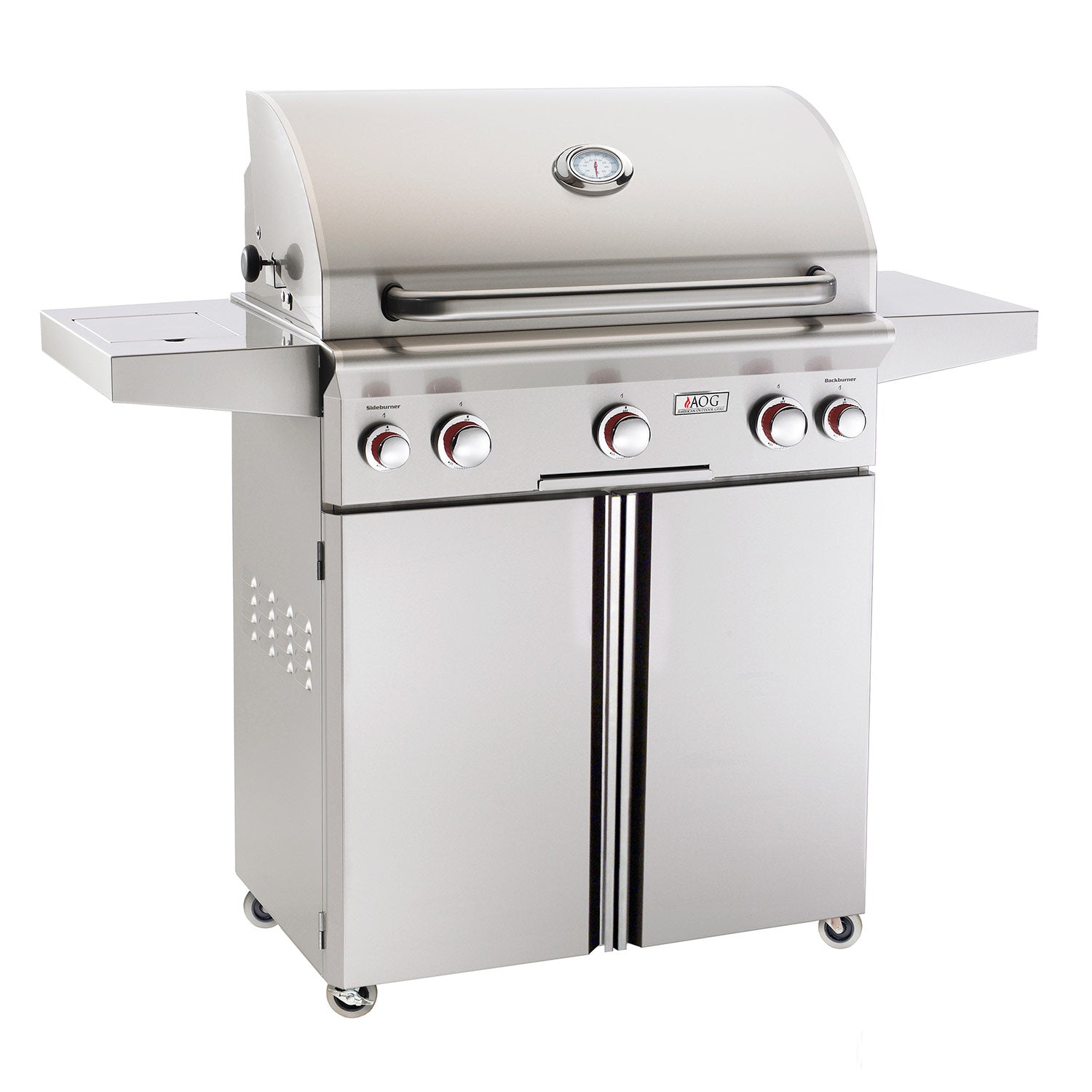 Stainless steel gas grill on cart with lid and front control knobs