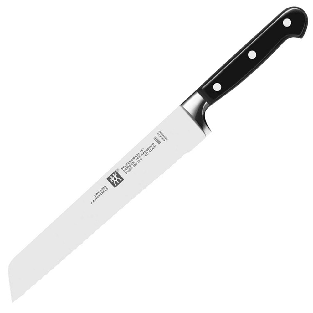 8-inch bread knife with stainless steel blade and black handle, riveted grip