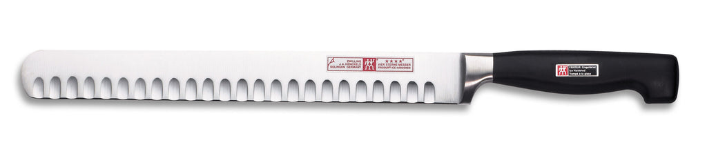 Zwilling Four Star 10-inch hollow edge slicing knife, black handle, stainless blade