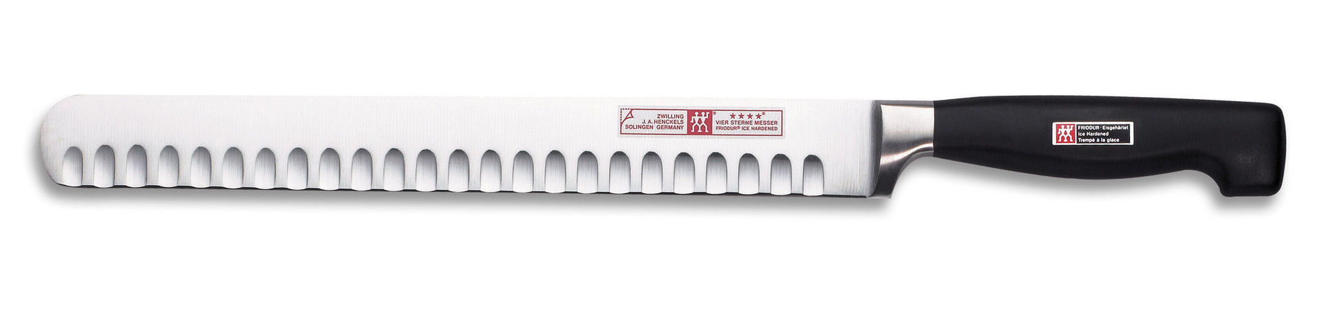Zwilling Four Star 10-inch hollow edge slicing knife, black handle, stainless blade