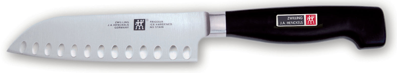 Zwilling J.A. Henckels Four Star 5-inch santoku knife, stainless blade, black handle