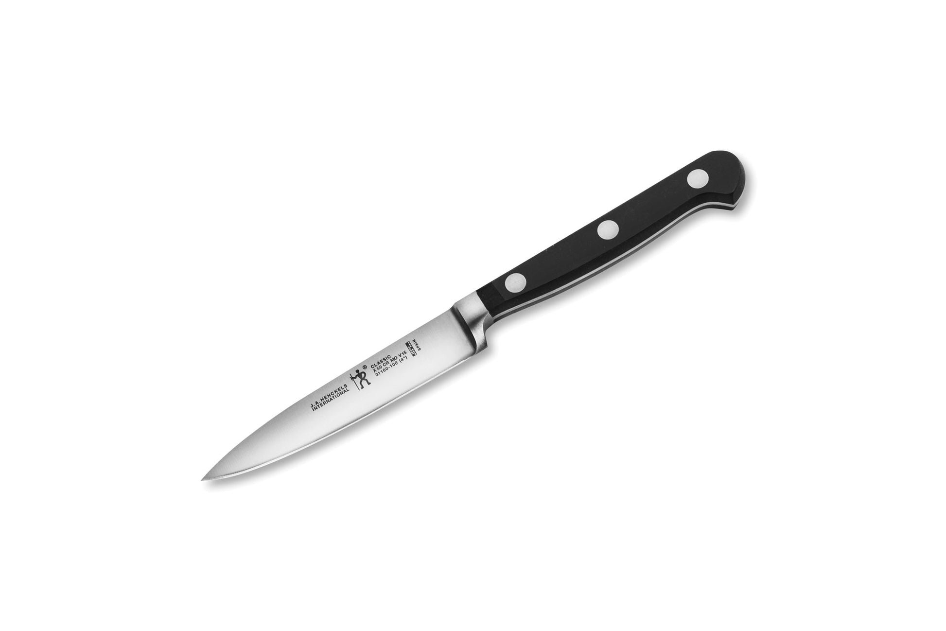 4-inch paring/utility knife with stainless steel blade and black handle with rivets