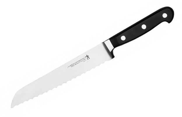 7-inch serrated bread knife with white blade and black riveted handle