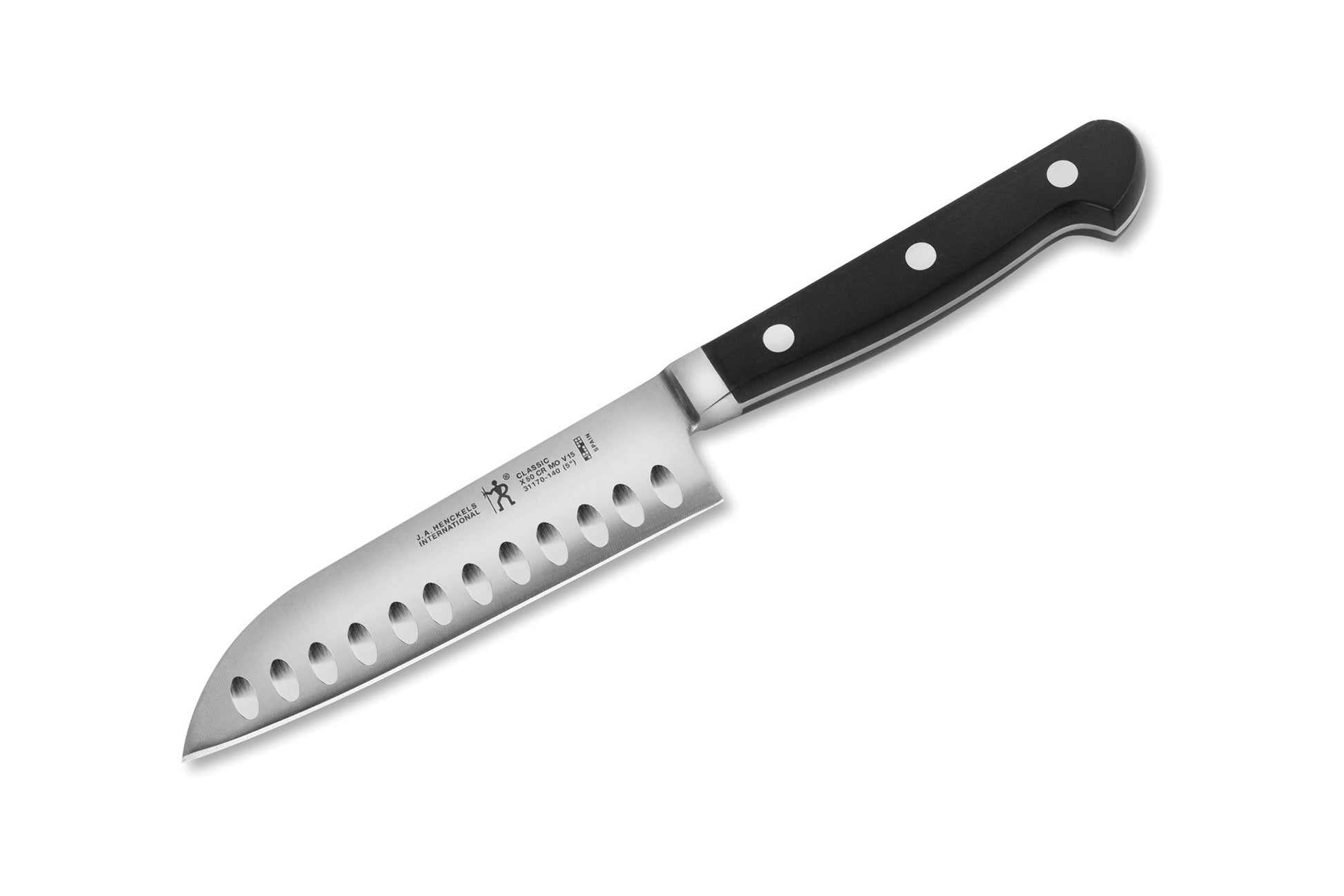 5-inch santoku knife with black handle and stainless hollow-edge blade