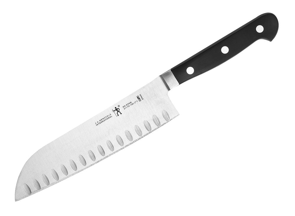Henckels International santoku knife, 7-inch hollow edge, black handle with rivets
