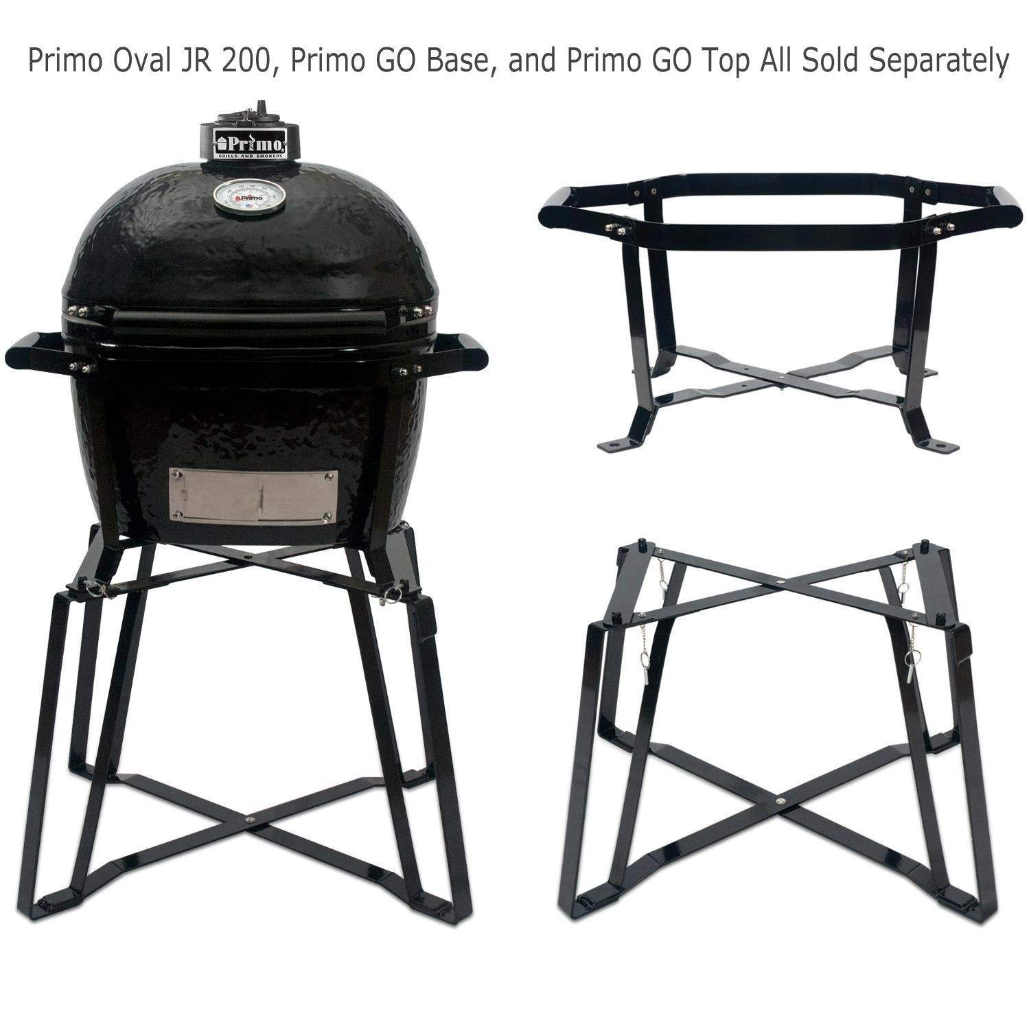 Portable cradle stand with black metal frame and support grid, for oval grill