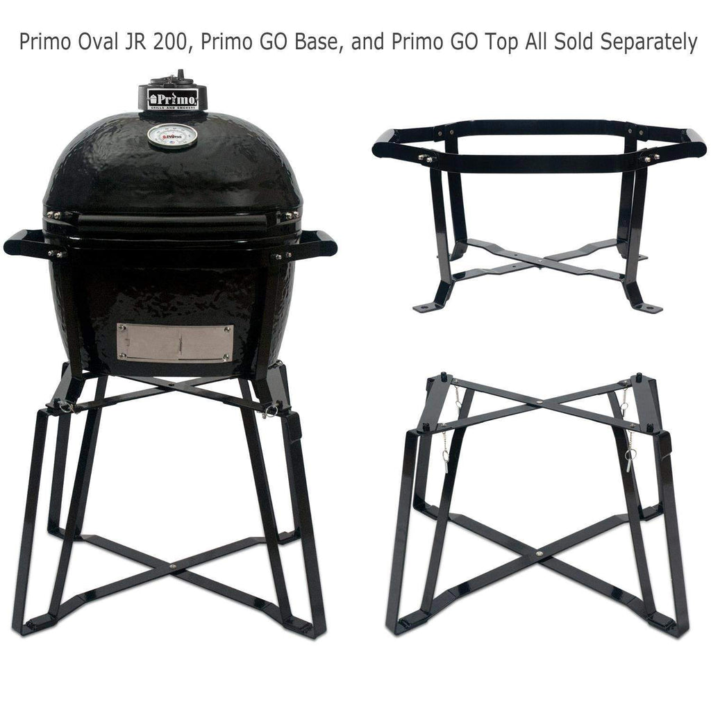 Portable cradle stand with black metal frame and support grid, for oval grill