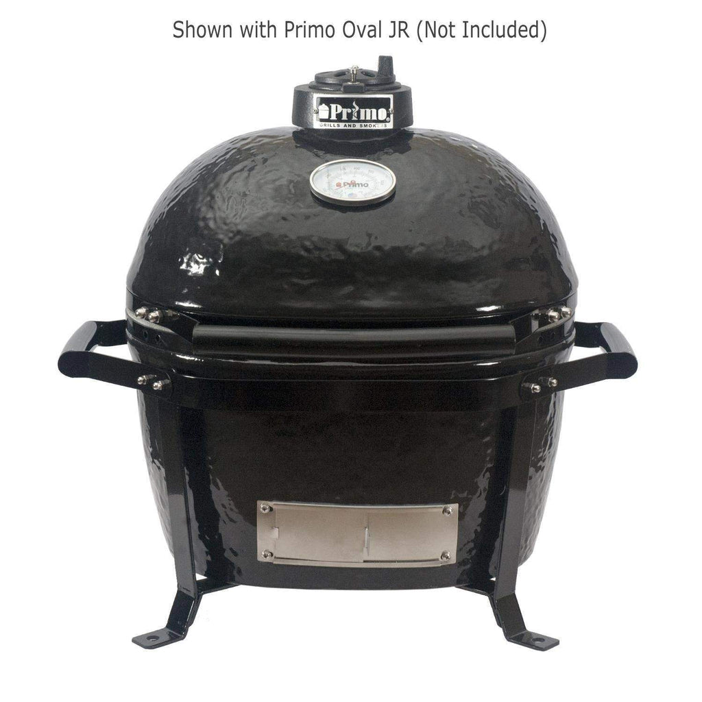 Oval grill stand with black metal legs and front firebox panel