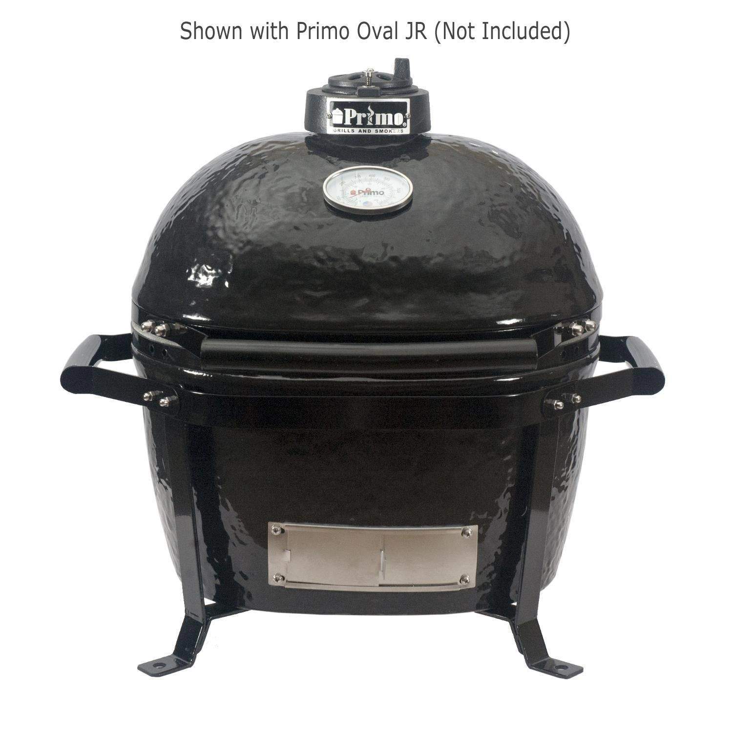 Oval grill stand with black metal legs and front firebox panel