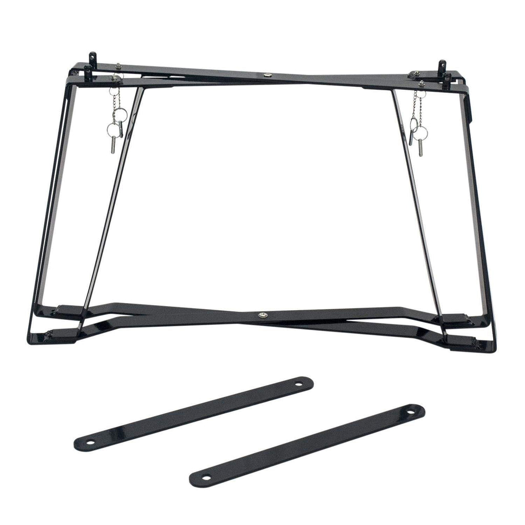 Portable metal oval base stand, black frame with hanging hooks and two bars