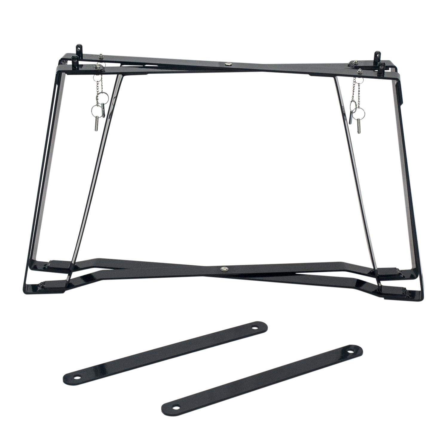Portable metal oval base stand, black frame with hanging hooks and two bars