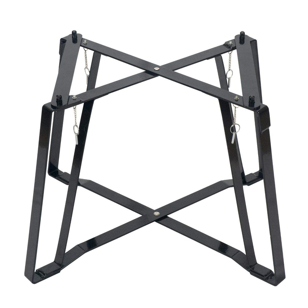 Portable metal base stand with folding legs and cross-bracing, dark finish
