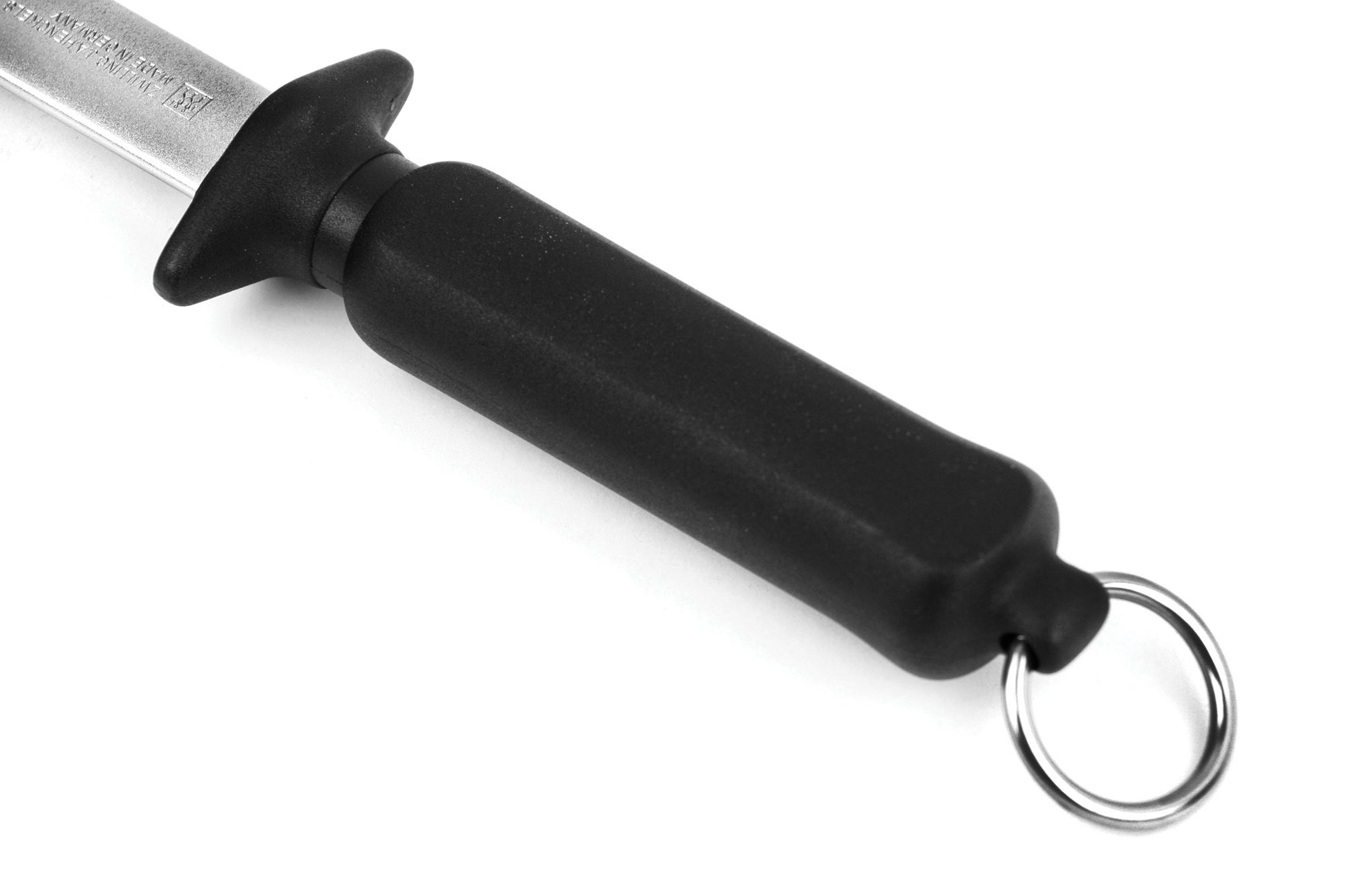 Diamond sharpening steel handle with black grip and metal key ring