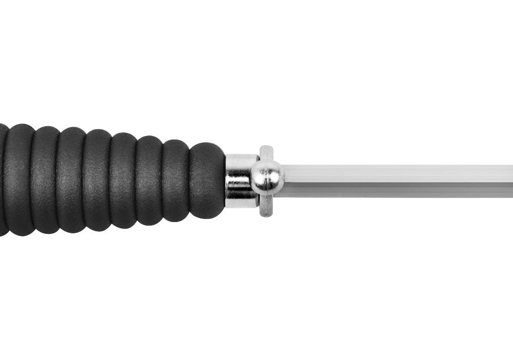 Sharpening steel handle close-up with textured black grip and metal collar