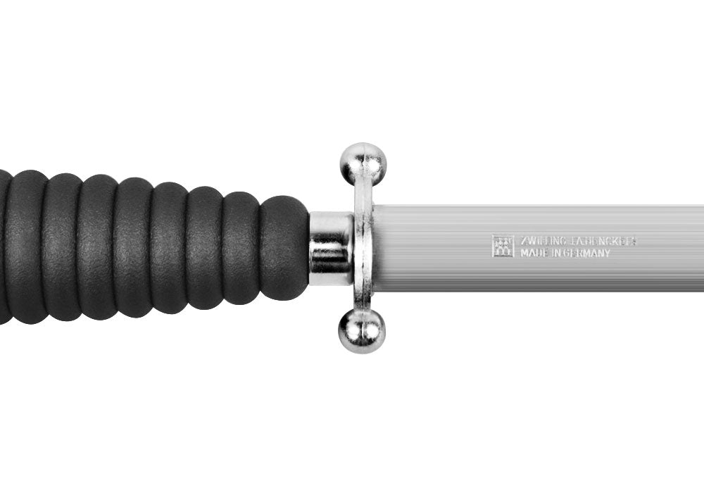 Sharpening steel end cap close-up with three metal rivets and polished shaft