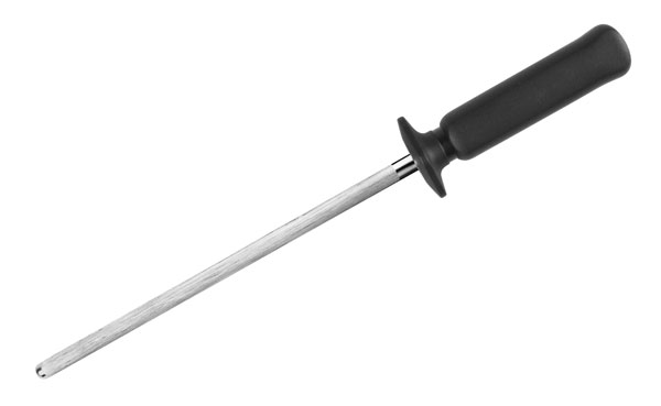 9-inch sharpening steel with black handle and pointed tip