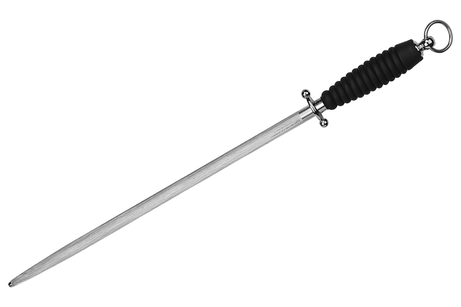 Sharpening steel with long silver rod and black ribbed handle, ring for hanging