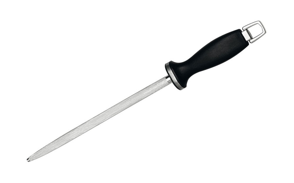 Zwilling J.A. Henckels 10-inch sharpening steel, black handle, pointed metal rod