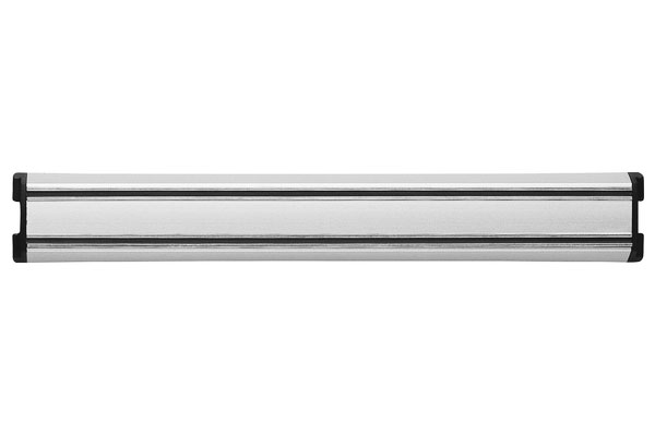Aluminum magnetic knife bar with black end caps, horizontal wall mount