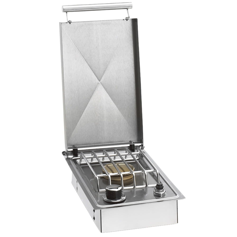 Stainless steel countertop side burner with open lid and burner grate