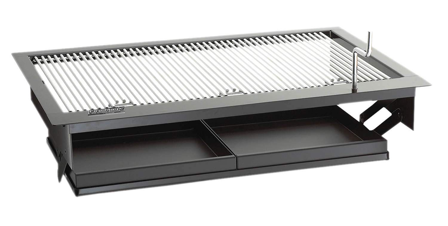 Countertop charcoal grill with stainless steel grate and open hood, black