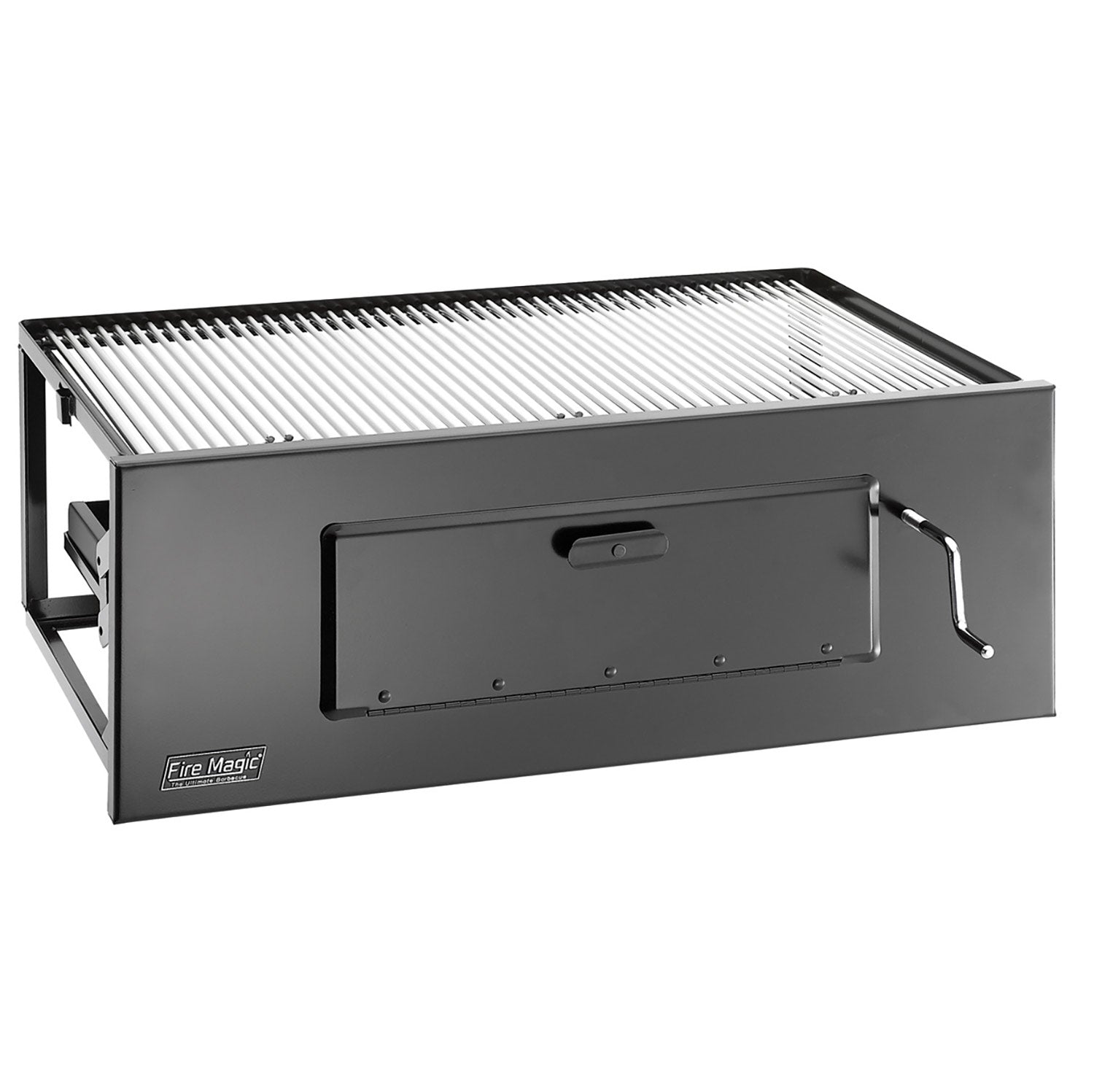 Charcoal grill with open stainless grate, lift-up firebox door and side handle, dark gray