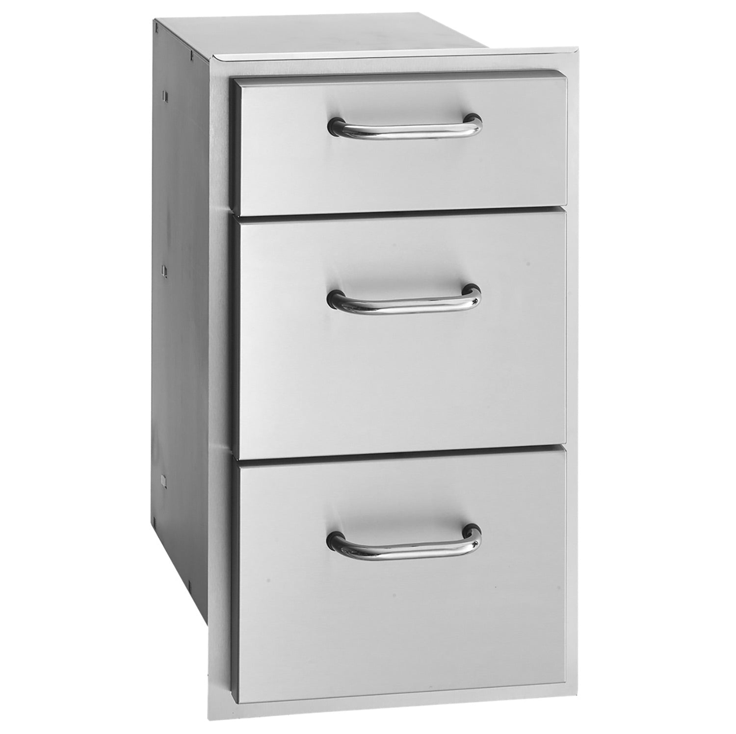 Fire Magic triple-drawer cabinet with 3 metal drawers and silver bar handles