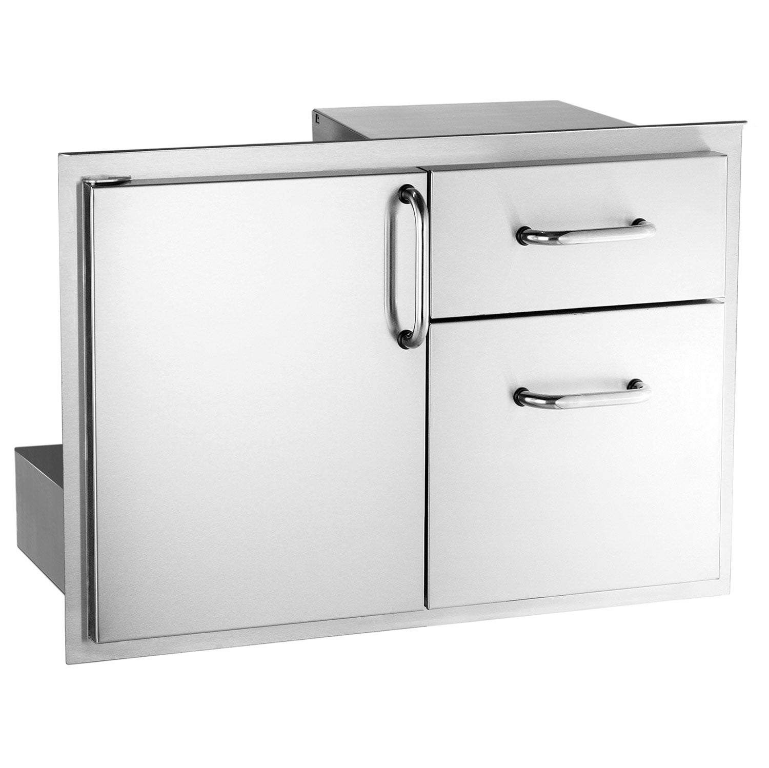 Stainless access door with double drawers, hinged door and two metal pull handles