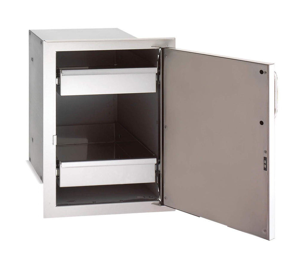 Single-door cabinet opened to show two drawers and dark interior shelves.