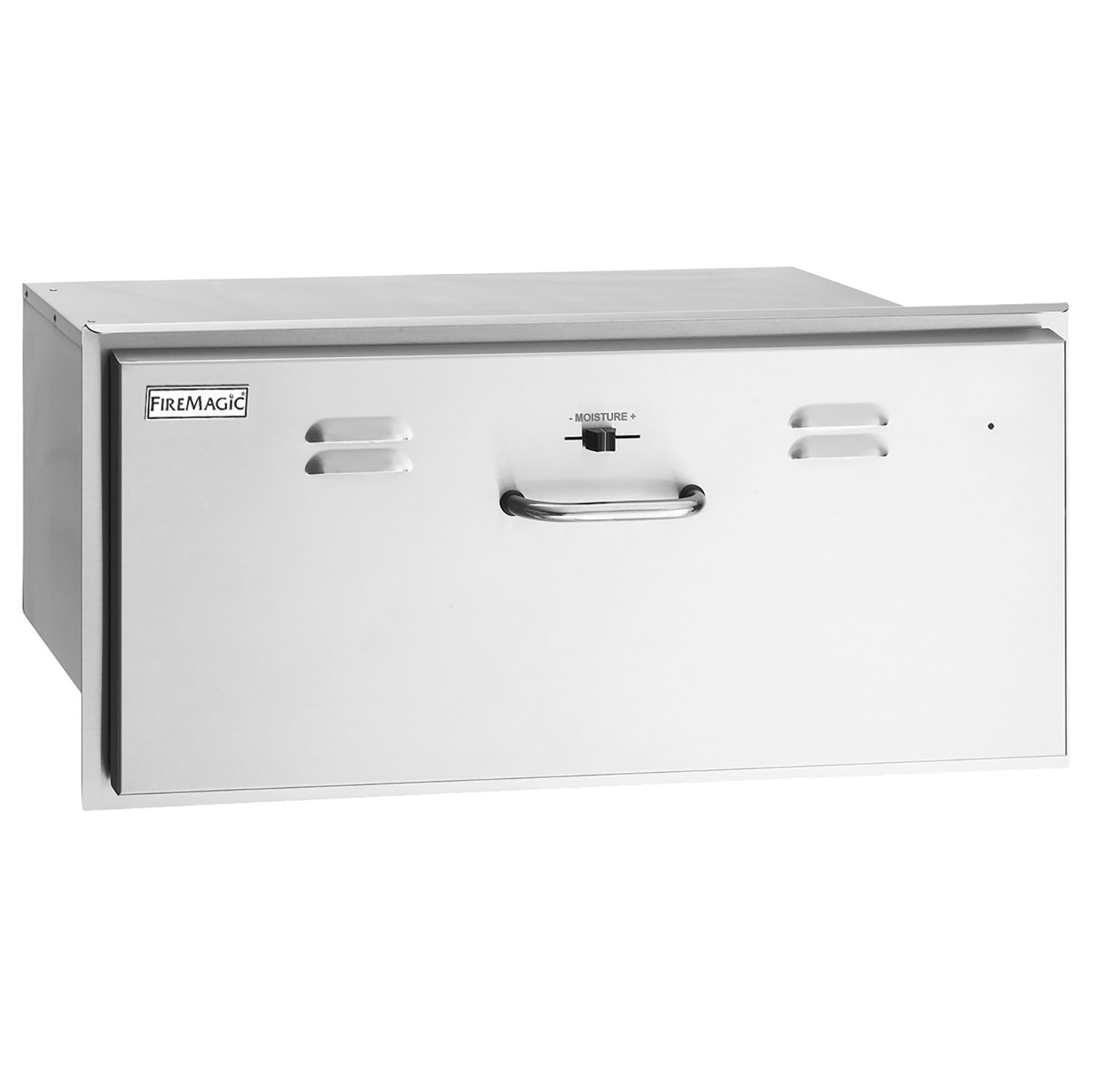 Fire Magic electric warming drawer with stainless front panel and center handle