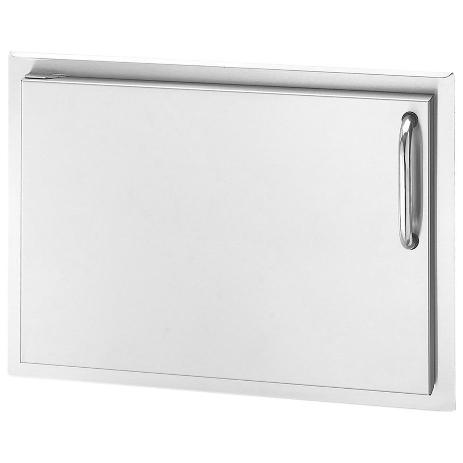 Rectangular metal access door with vertical pull handle on right, silver frame