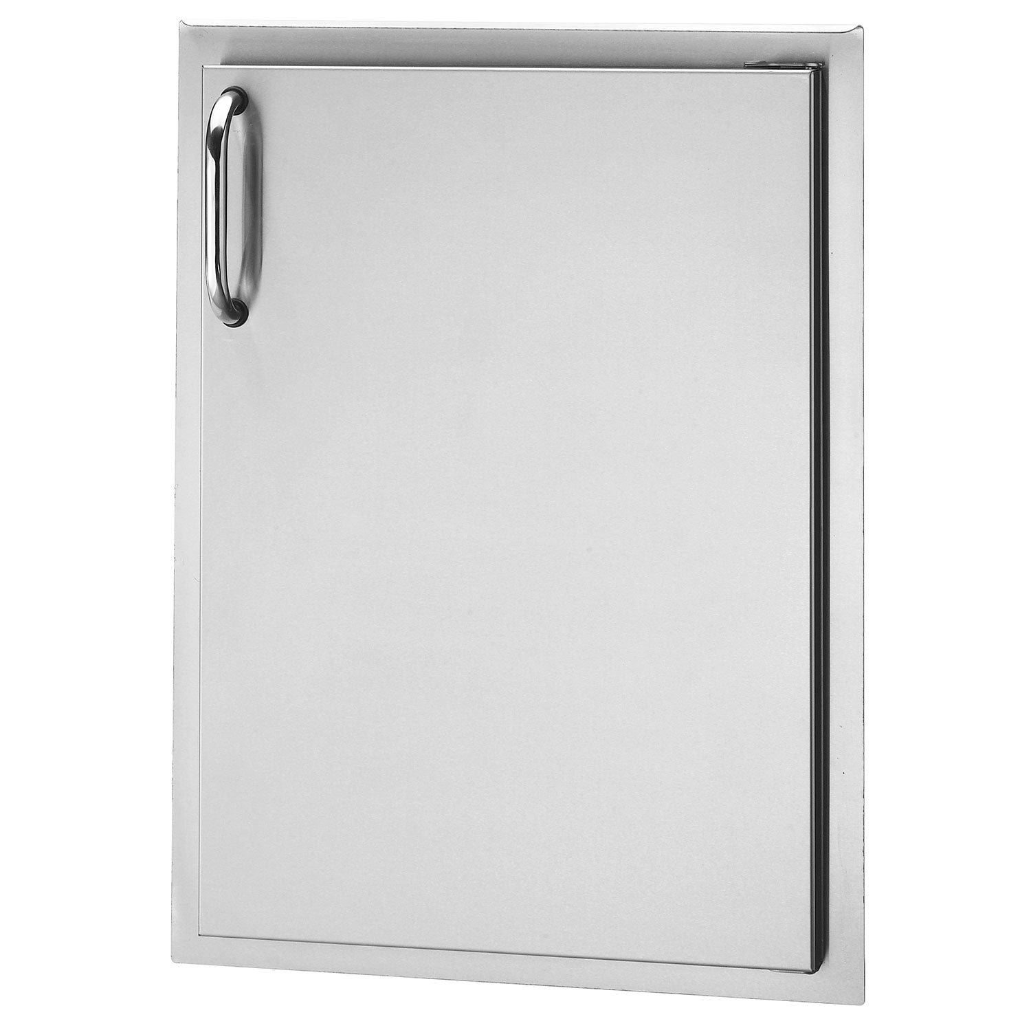 Metal access door with vertical handle, dark border frame and silver panel