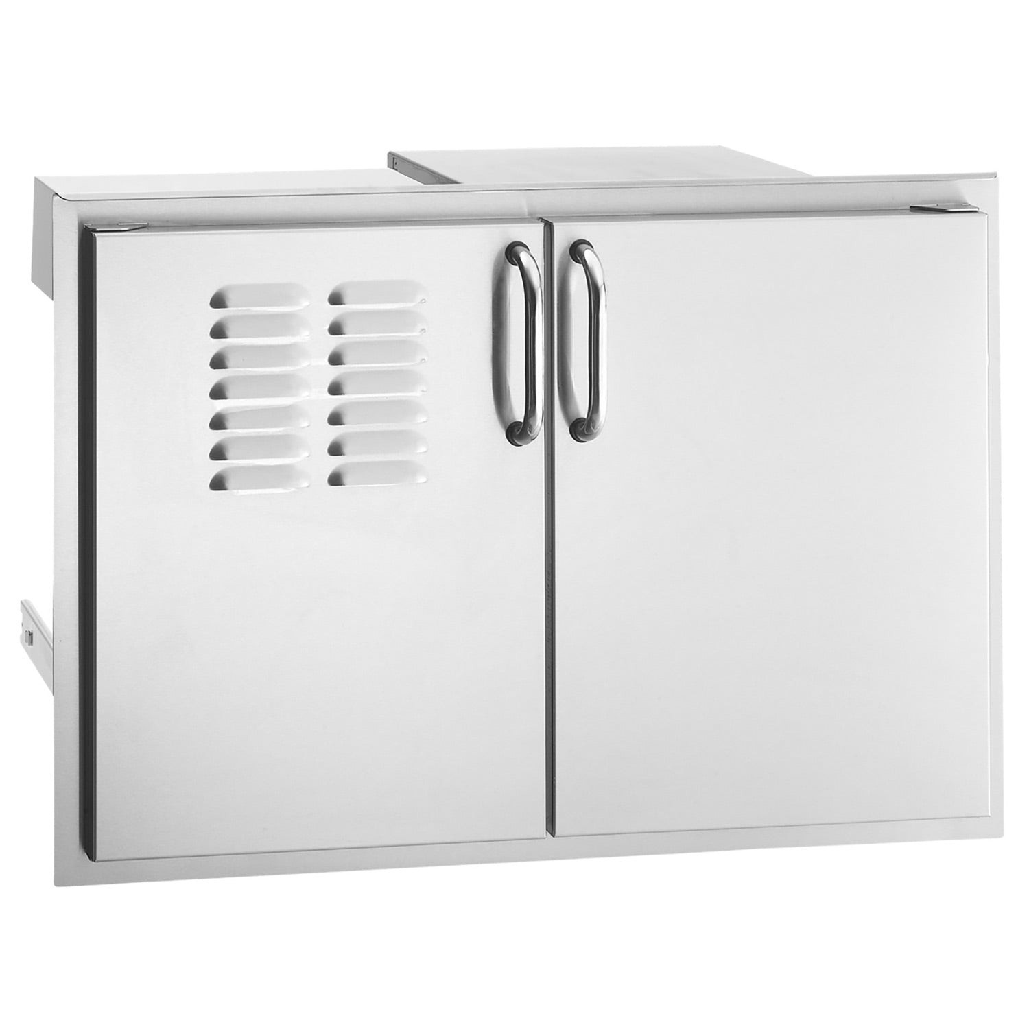 Outdoor double-door cabinet with louvered panel and curved pull handles, brushed metal