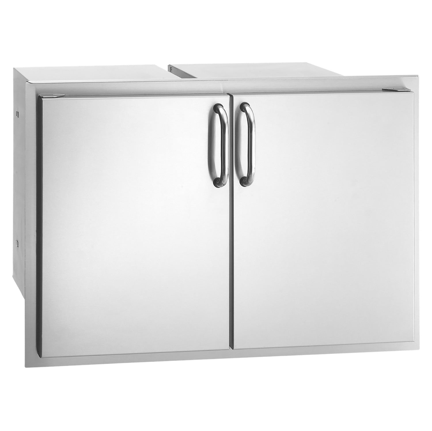 Outdoor double-door trash tray and drawer cabinet, brushed metal with curved handles