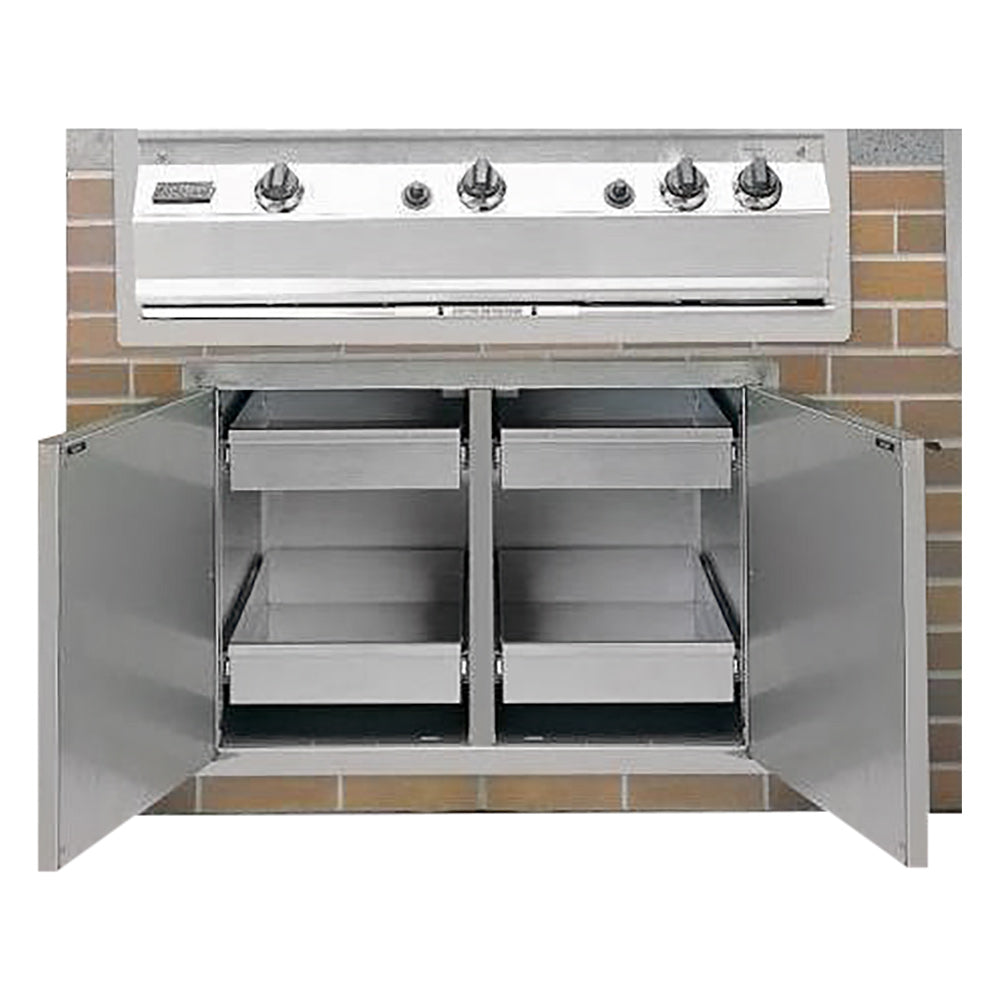 Open stainless cabinet with two drawer compartments and interior shelves