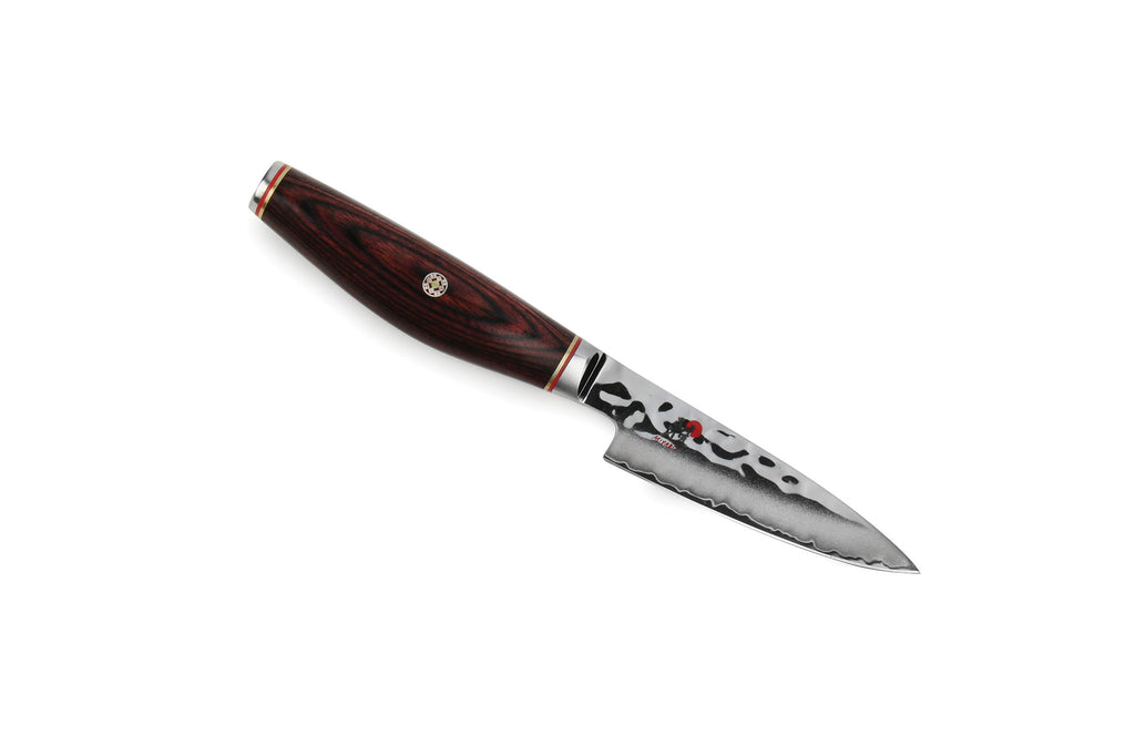 Paring knife with silver blade and dark wooden handle, red accent rings.