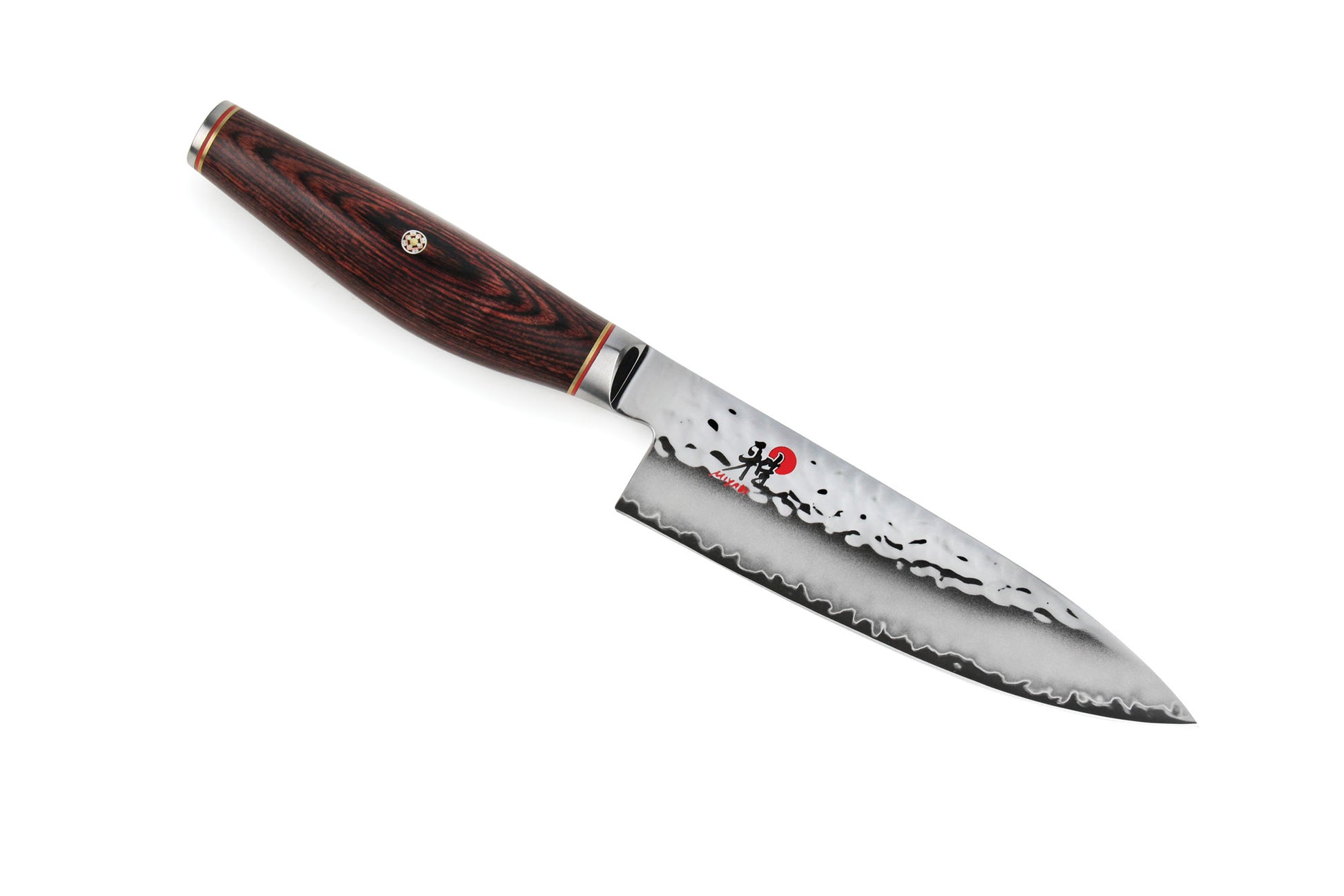 6-inch chef's knife with dark wood handle and patterned stainless blade