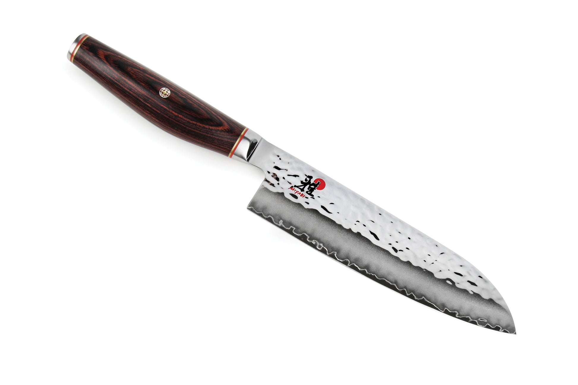 7-inch Santoku knife with dark wood handle and patterned silver blade