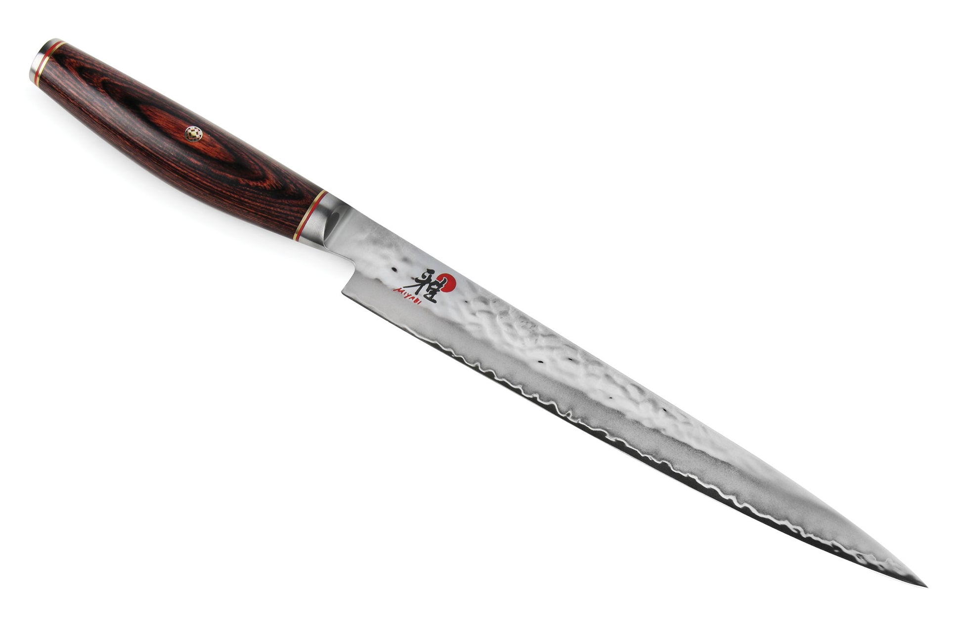 Slicing knife with hammered steel blade and dark wood handle, angled view