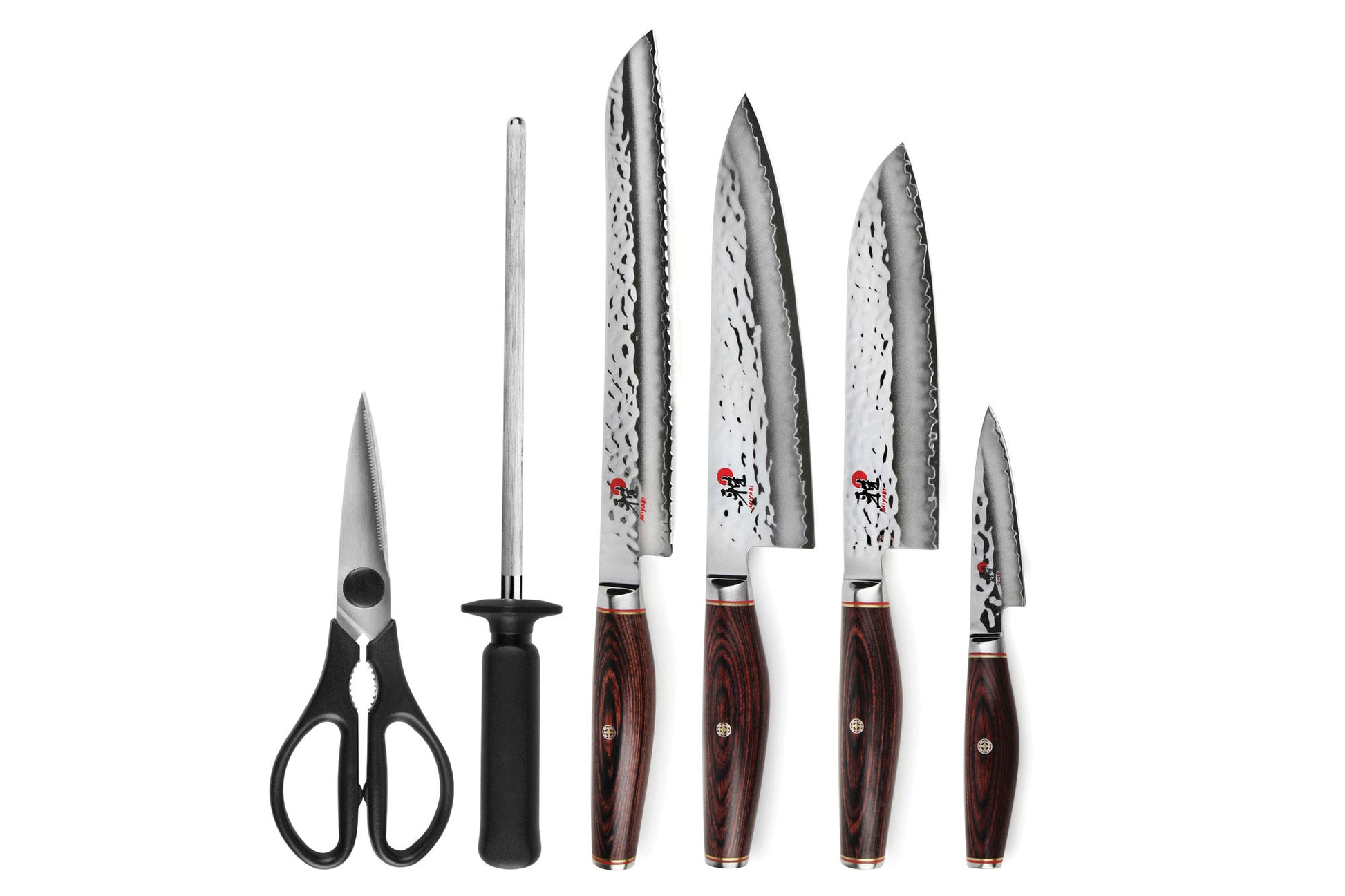 7-piece knife set with dark-handled blades and black-handled scissors
