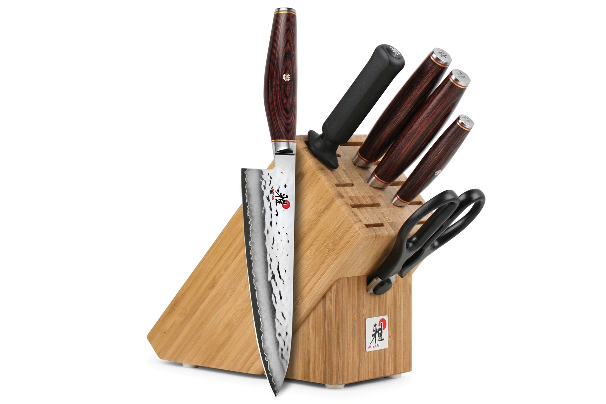 Knife block set with dark wood block and Japanese-style chef and santoku knives