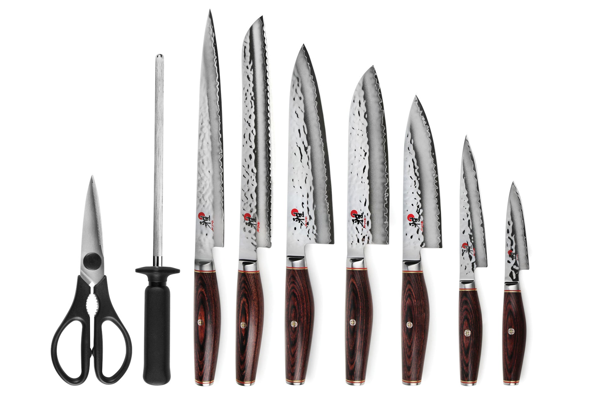 Knife set with multiple stainless blades and dark wood handles, plus shears