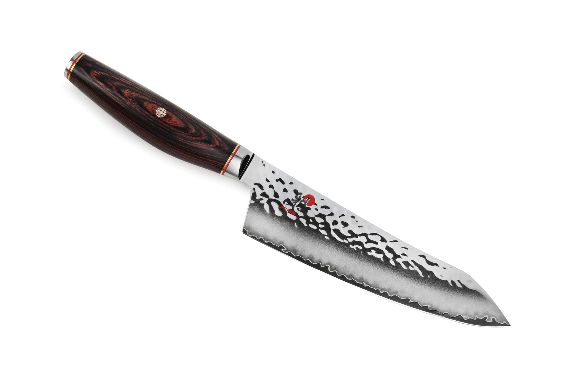 7-inch rocking Santoku knife with patterned steel blade and dark wood handle