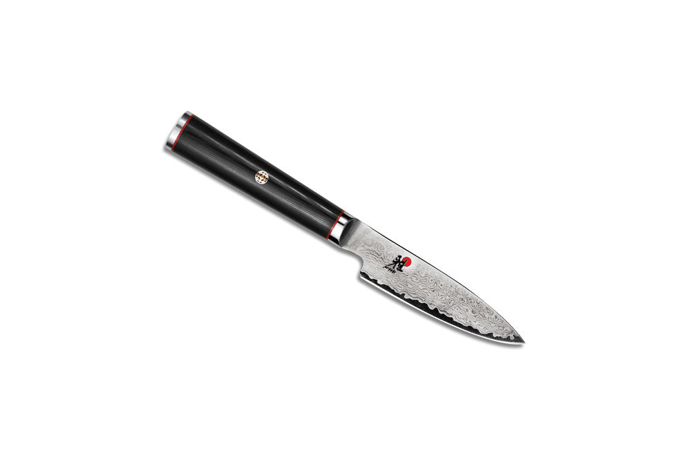 Paring knife with black handle and stainless steel blade, Damascus pattern finish
