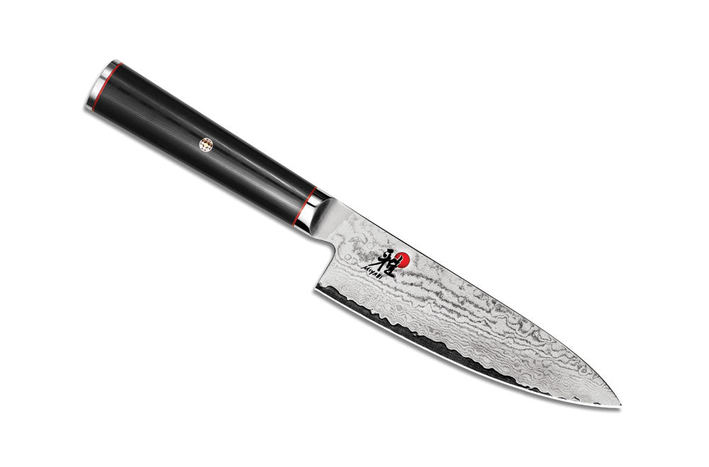 6-inch chef's knife with black handle and red accents, Damascus-style steel blade