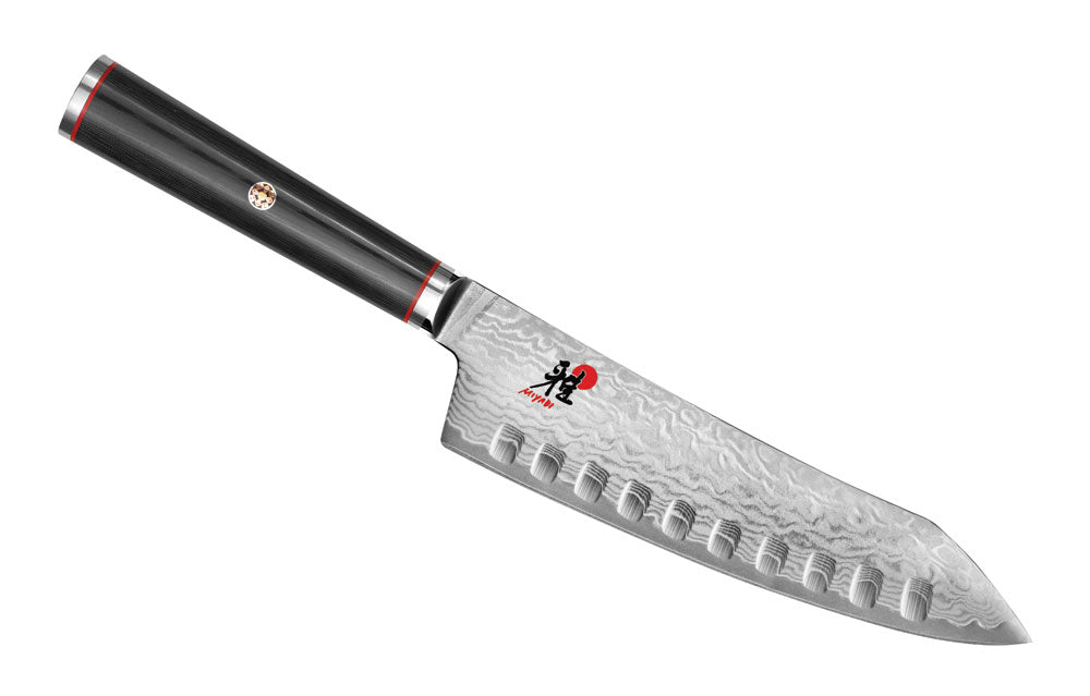 Santoku chef knife with hollow edge, black handle and stainless steel blade